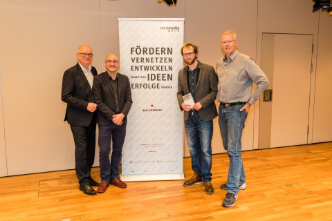 nordmedia-Geschäftsführer Thomas Schäffer mit den Referenten Bartosz Werner und Christian Mertens sowie Jochen Coldewey, Leiter der Förderung.