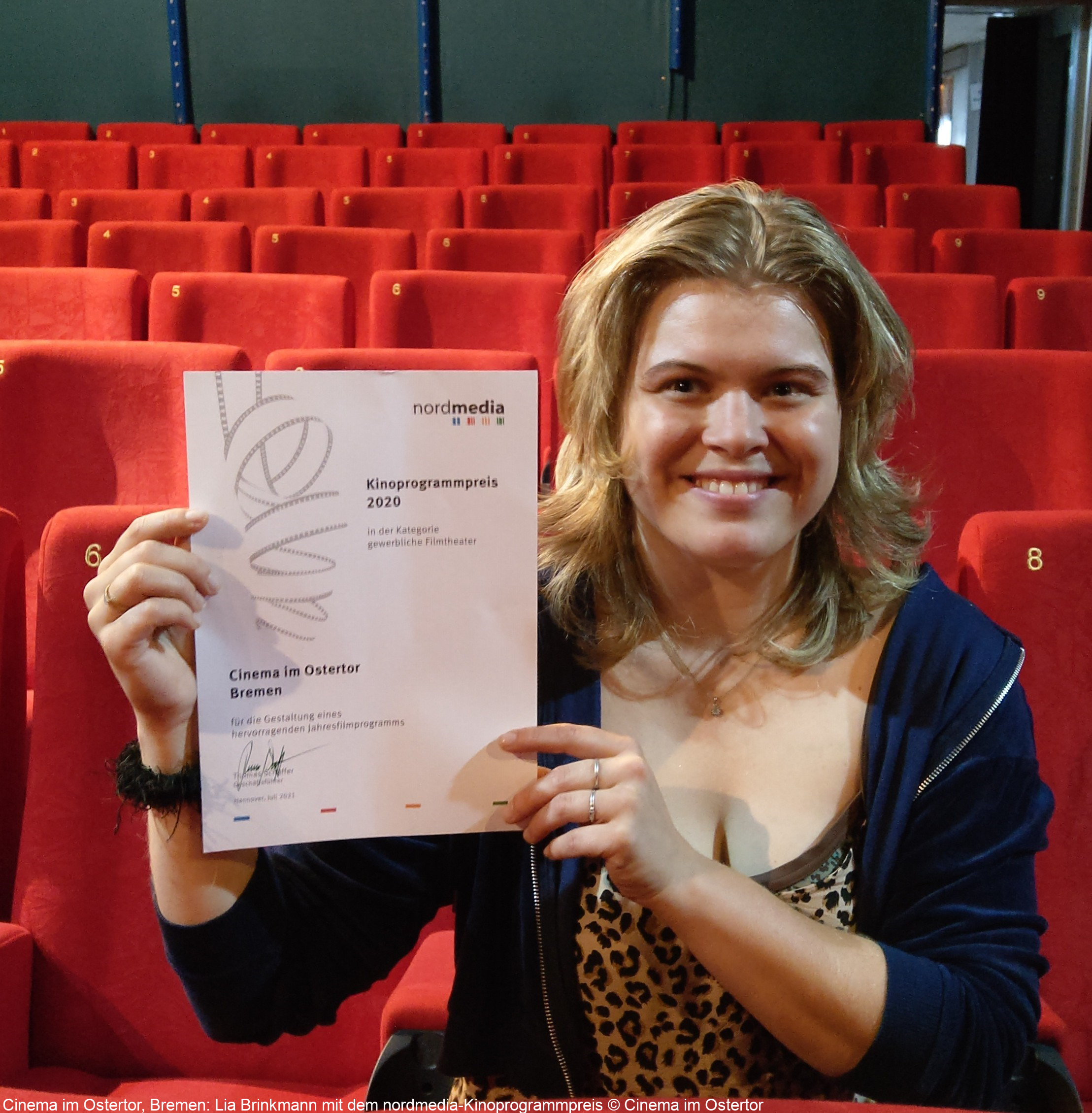 Cinema im Ostertor, Bremen: Lia Brinkmann mit dem nordmedia-Kinoprogrammpreis © Cinema im Ostertor