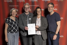 nordmedia Kinoprogrammpreis 2024 im CITY 46/ Kommunalkino Bremen: Kino im Sprengel Hannover (v.l. Petra Schleuning, Franz Isfort, Emma Neefischer, Robert Thalheim)