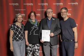 nordmedia Kinoprogrammpreis 2024 im CITY 46/ Kommunalkino Bremen: Kino in der Lagerhalle Osnabrück (v.l. Petra Schleuning, Steffi Kuper, Reinhard Westendorf, Robert Thalheim)