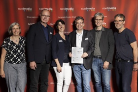 nordmedia Kinoprogrammpreis 2024 im CITY 46/ Kommunalkino Bremen: Zeli - Zeteler Lichtspiele (v.l. Petra Schleuning, Michael Weidhüner, Inga Schoon, Michael Drieling, Carsten Greiert, Robert Thalheim)