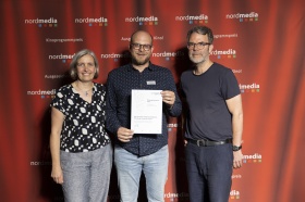 nordmedia Kinoprogrammpreis 2024 im CITY 46/ Kommunalkino Bremen: Koki im Central Cineworld Diepholz/ Schauburg Cineworld Vechta (v.l. Petra Schleuning, Gunnar Schäfers, Robert Thalheim)