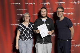nordmedia Kinoprogrammpreis 2024 im CITY 46/ Kommunalkino Bremen: Schauburg Bremen / Atlantis Bremen (v.l. Petra Schleuning, Yannick Petersen, Robert Thalheim)