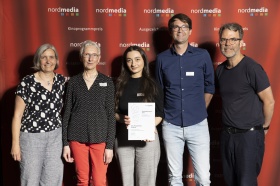 nordmedia Kinoprogrammpreis 2024 im CITY 46/ Kommunalkino Bremen: SCALA Programmkino  Lüneburg (v.l. Petra Schleuning, Elke Rickert, Magda Kokolashvili, David Sprinz, Robert Thalheim)