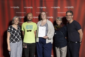 nordmedia Kinoprogrammpreis 2024 im CITY 46/ Kommunalkino Bremen: Cine K Oldenburg (v.l. Petra Schleuning, Jonas Fittje, Ela Müller, Marion Fittje, Robert Thalheim)