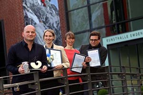 Drehbuchpreisgewinner Marc Brummund und Nicole Armbruster mit den Nominierten Rebekka Wulf und Elmar Freels (v.l.)