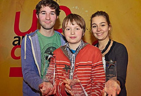 Deutscher Nachwuchsfilmpreis: Joscha Thelosen, Jonas Dichelle und Anna Roller; Foto: Knut Krafft
