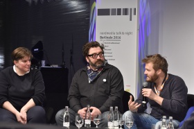 Andrea Schütte (tamtam Film), Schauspieler Heiko Pinkowski und Max Zähle, Regisseur und Oscarpreisträger im Talk mit „Schrotten“