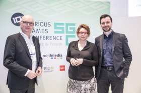 Thomas Schäffer (Geschäftsführer nordmedia), 
Staatssekretärin Daniela Behrens und Felix Falk (Geschäftsführer BIU – Bundesverbands Interaktive Unterhaltungssoftware e.V.)