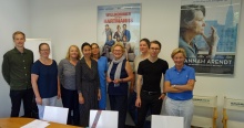 GFC-Treffen in München (v.l.): Jasper Wiedhöft (Hessen), Christiane Raab (Berlin und Brandenburg), Susanne Lange (Niedersachsen und Bremen), Sandra Duschl (Hessen),  Bea Wölfling (Thüringen, Sachsen-Anhalt, Sachsen), Gabriele Pfennigsdorf (Begrüßung FilmFernsehFonds Bayern), Antje Nass (Mecklenburg-Vorpommern), Lars Nitschke und Anja Metzger (beide Bayern).