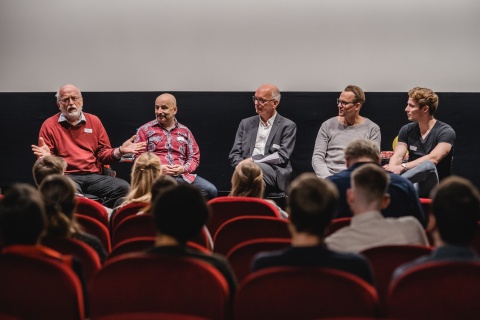 v.l.: Günter Ihmels (Autor), Sandro Giampietro (Regisseur, Autor, Musikproduzent), Thomas Schäffer (nordmedia), Helge Tramsen (Darsteller) und Christian Richard Bauer (Darsteller)