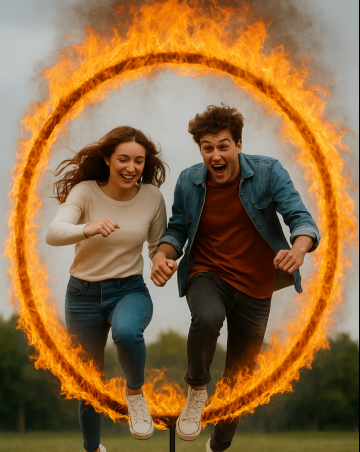 Junge Frau und junger Mann springen durch Feuerreifen